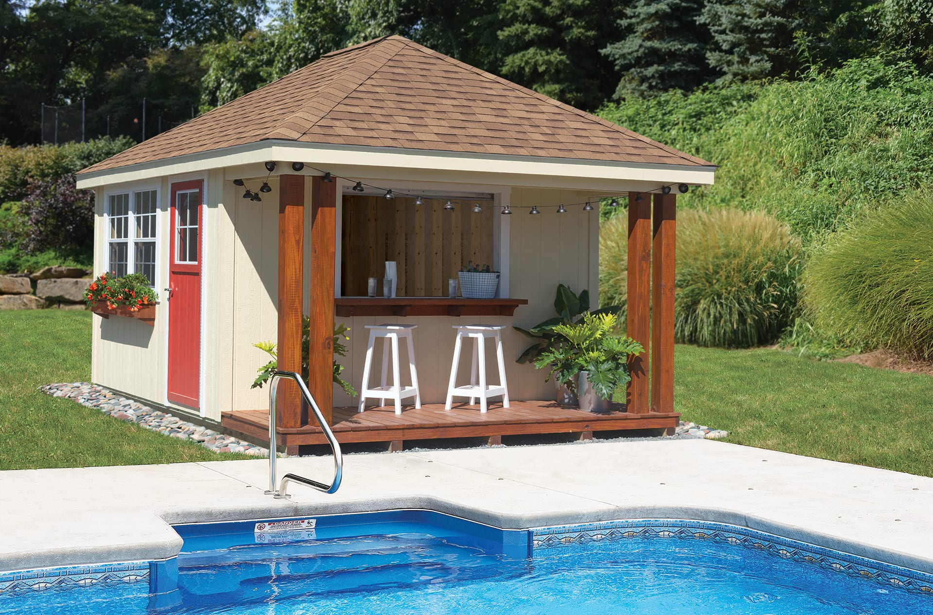 shed near a swimming pool